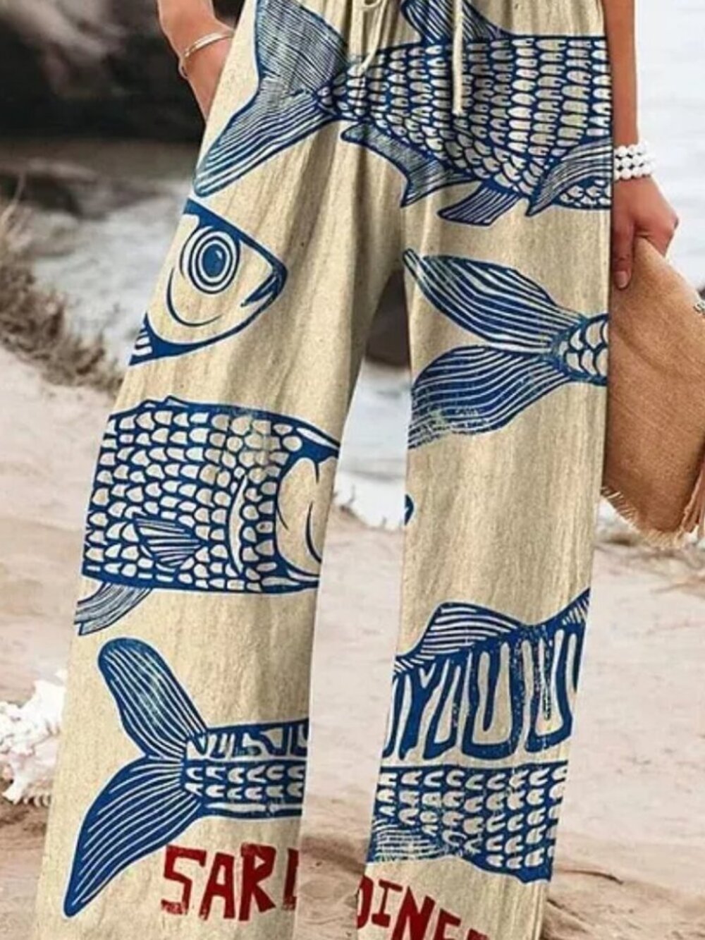 Vintage Sardine Print Beach Pants Wide Leg Flowy Size S